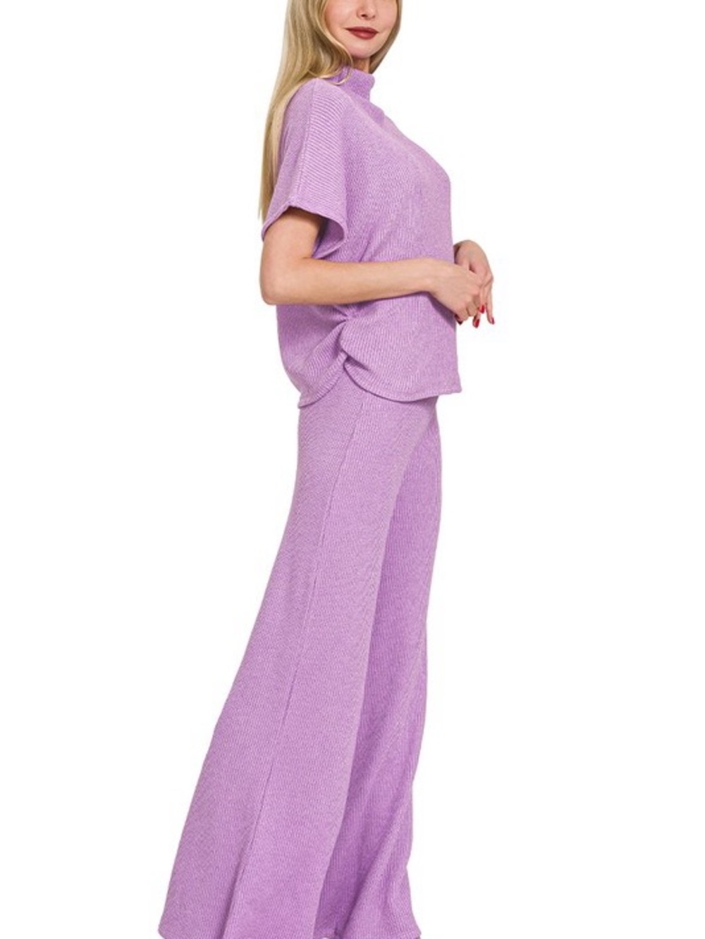NWT 2pc ZENANA LAVENDER SWEATER MOCK NECK TOP & LONG PANTS SET SOFT COMFY - Picture 2 of 9